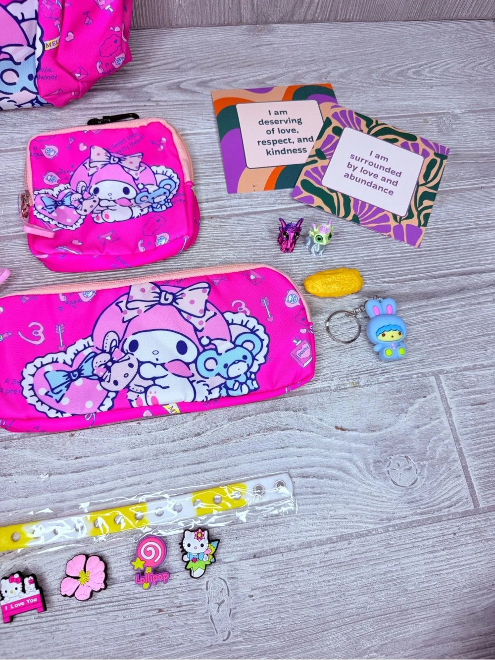 My melody backpack bundle croc charms keychain stickers nugget pen dragon & more